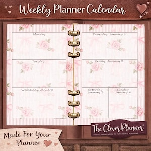 Printed 2026 weekly calendar for your pm, mm, gm agenda, personal, A5, (No separation for monthly dividers) Pink Bow and Rose weekly printed