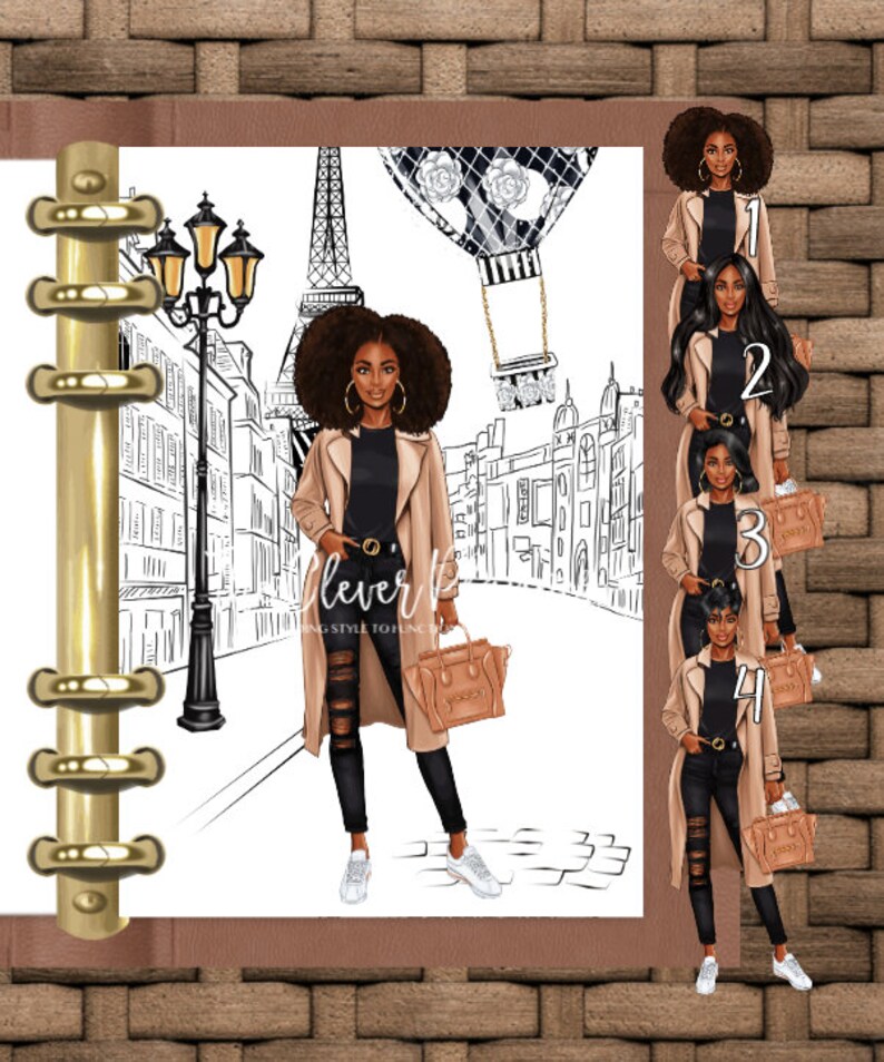 Puede incluir: Una p&aacute;gina de planificador digital con una ilustraci&oacute;n en blanco y negro de una mujer con un abrigo beige caminando por una calle de Par&iacute;s. La Torre Eiffel est&aacute; en el fondo. Hay cuatro versiones diferentes de la mujer en el margen derecho de la p&aacute;gina, cada una con un peinado y color diferentes.