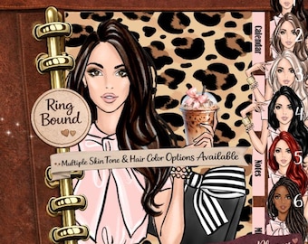 May include: Planner insert tab set featuring a stylish illustration of a woman with long dark hair, holding a beverage. The design includes a leopard print background and the text "Multiple Skin Tone & Hair Color Options Available". The set is "Made For Your Planner".