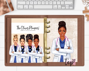 May include: A brown leather planner with gold rings. The cover features a design of four women wearing white lab coats and blue scrubs. The text "The Clever Planner" is printed on the cover. The planner is open to a page with a single woman wearing a white lab coat and blue scrubs. The text "tcp" is printed on the page.