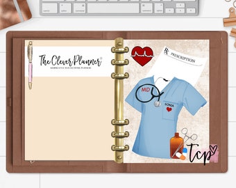 May include: A brown leather planner with gold rings. The planner has a beige page with the text "The Clever Planner" and a blue scrubs top with the text "MD" and "SONIA". There is a red heart, a stethoscope, a prescription pad, and a bottle of pills.