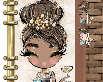 May include: A planner cover featuring a cartoon illustration of a woman with brown hair, wearing a black dress and a gold necklace. She is holding a glass of champagne and a blue gift box. The background is a light brown with gold glitter.