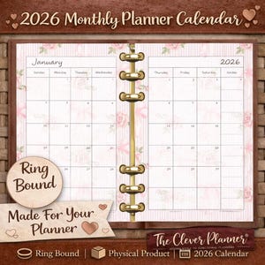 2026 Monthly Calendar printed Separated Month by Month made for planner dividers in sizes PM MM GM, Pocket, A5, personal,  Pink Rose Ribbon