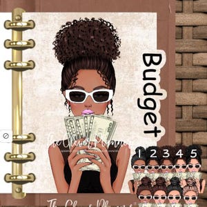 May include: A planner with a brown-skinned woman wearing white sunglasses holding a wad of cash. The word "Budget" is written vertically. The planner has gold hardware and the text "The Clever Planner".