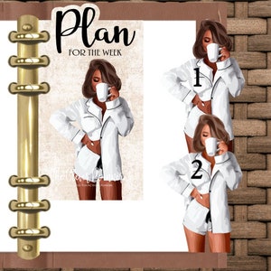 May include: A set of three planner stickers featuring a woman in pajamas holding a cup of coffee. The stickers have the text "Plan for the Week" and the numbers "1" and "2" on them.