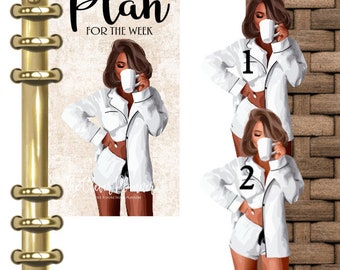 May include: A set of three planner stickers featuring a woman in pajamas holding a cup of coffee. The stickers have the text "Plan for the Week" and the numbers "1" and "2" on them.