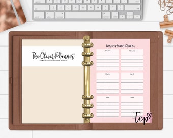 May include: A pink planner page with a light brown leather cover. The page is divided into six sections, each labeled with a month of the year: January, February, March, April, May, and June. The page is titled "Important Dates". The planner also has a logo that says "The Clever Planner".