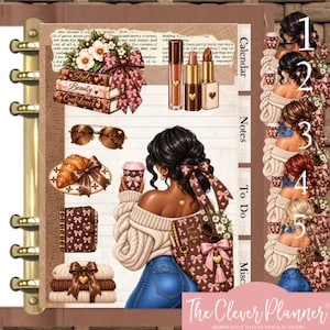 May include: A planner page featuring a central illustration of a person with dark hair in a cream sweater and blue jeans, surrounded by stickers of books, makeup, sunglasses, a croissant, and a notebook. The page includes tabs for Calendar, Notes, To Do, and Misc.