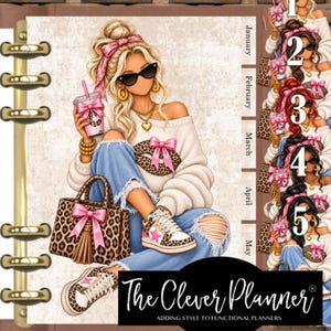 May include: A ring-bound planner featuring an illustration of a person with blonde hair, sunglasses, and a leopard print sweater with a pink bow. The planner includes monthly tabs from January to May and the text The Clever Planner.