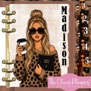 May include: A planner cover featuring a blonde illustration of a person with a top knot, sunglasses, a leopard print sweater, holding a coffee cup and a Holy Bible. The name Madison is printed vertically. Five smaller variations are shown on the right.