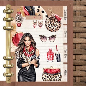 May include: Digital planner page with fashion-themed illustrations. Includes a woman, watch, sunglasses, earrings, nail polish, lipstick, purse, and a leopard print pom-pom keychain. The text "The Clever" is visible.
