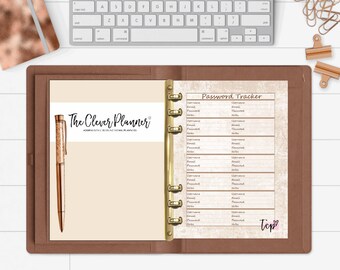 May include: A brown leather bound planner with gold rings and a beige page with the text "The Clever Planner" and "Password Tracker". The page has a light brown background with a distressed look and a pink heart with the word "Tip" on it.