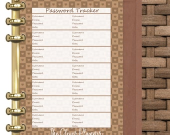 May include: A password tracker insert for a binder, featuring a brown and white design with a heart pattern. The page includes fields for username, email, password, and notes. The Clever Planner logo is at the bottom.
