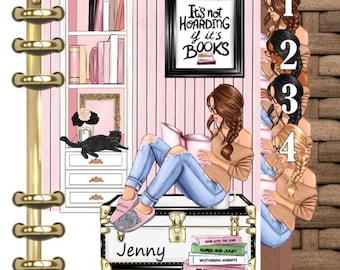May include: A planner dashboard featuring a cartoon illustration of a person reading on a trunk labeled Jenny, with a bookshelf, a black cat, and a framed sign reading It's not HOARDING if it's BOOKS. A stack of books includes titles like The Great Gatsby.