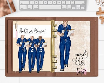 May include: A set of four planner stickers featuring illustrations of nurses in blue scrubs holding coffee cups and clipboards. The stickers have the text "The Clever Planner" and numbers 1, 2, and 3. A separate sticker features the text "nurse life" with a heart beat line and a pink heart.