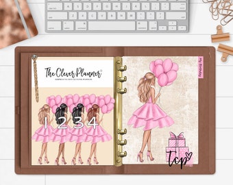 May include: A brown planner with a gold ring binder. The left page has a pink and white illustration of four women holding pink balloons. The right page has a pink and white illustration of a woman holding pink balloons. The text "The Clever Planner" is at the top of the left page. The text "My Birthday" is at the top of the right page. The text "1234" is below the women on the left page. The text "Tep" is below the woman on the right page.