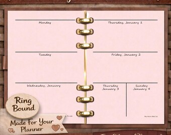 Printed 2026 weekly calendar for your pm, mm, gm agenda, personal, A5, (No separation for monthly dividers) Blush weekly printed