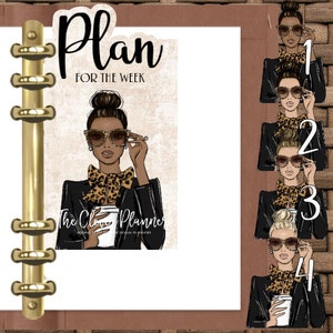 May include: A planner sticker featuring a woman with a leopard print bow tie and sunglasses holding a coffee cup. The sticker says "Plan for the Week" and "The Clever Planner".