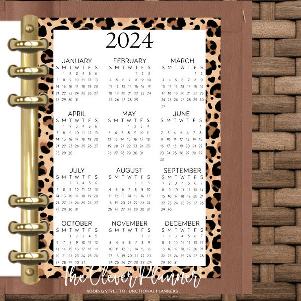 2024 Year At A Glance for your pm mm gm agendas, personal planner year at a glance, pocket planner, A5 year at a glance leopard print
