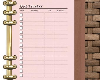 PRINTED Bill Tracker planner Insert refills pink blush for your pm mm gm agenda, Personal planner inserts, planner refills, planner inserts