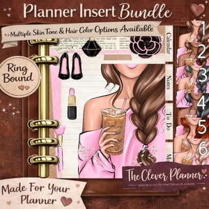 May include: A planner insert bundle with a brown leather-like background. The image features illustrations of accessories like high heels, lipstick, and a drink. Text includes "Planner Insert Bundle," "Multiple Skin Tone & Hair Color Options Available," and "Made For Your Planner."