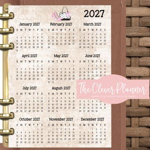 May include: A 2027 yearly calendar insert for a ring-bound planner. The page features a beige textured background, a graphic of a handbag and high heels, and the text The Clever Planner. It displays all twelve months from January to December.