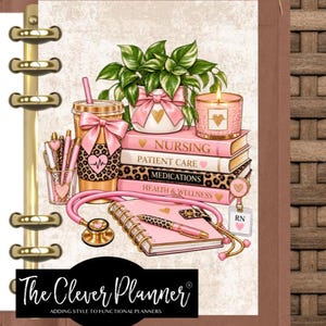 May include: A planner insert featuring a stack of books labeled Nursing, Patient Care, Medications, and Health & Wellness. It includes a pink stethoscope, a leopard print tumbler with a pink bow, a potted plant, a candle, and a pink notebook with a pen.