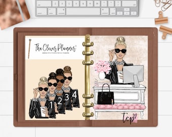 May include: A planner with a brown leather cover and gold rings. The planner has a page with a drawing of a woman in a black suit and sunglasses, sitting at a desk with a computer. The page also has a sticker with the text "The Clever Planner" and a sticker with the text "1234".