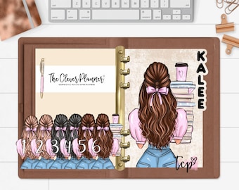 May include: A brown leather planner with a gold ring binder. The planner has a light beige background with a girl with brown hair wearing a pink shirt and blue jeans. The girl is holding a stack of books and a cup of coffee. The planner also has a sticker with the text "The Clever Planner" and a sticker with the text "Kalee".