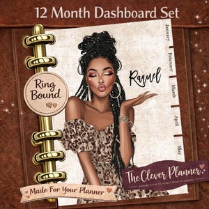 May include: A ring-bound planner dashboard set with a brown leather-like cover. The design features a stylish illustration of a woman with long braids. The text reads "12 Month Dashboard Set", "Ring Bound", "Made For Your Planner", and "The Clever Planner."