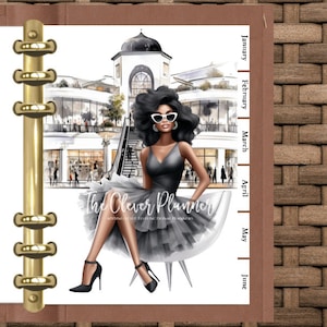 May include: A black and white illustration of a woman wearing a black dress and sunglasses, sitting on a white chair in front of a building. The text "The Clever Planner" is written below the woman.