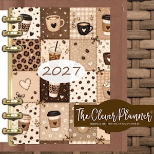 May include: A 2027 planner with a gold-toned metal disc binding system. The cover features a patchwork design of brown and cream squares displaying coffee cups, hearts, and leopard print patterns. A brown label reads The Clever Planner.
