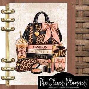 May include: A planner page featuring a leopard print handbag with a pink bow, a coffee cup, a stack of books labeled Fashion, Style, Beauty, and Glam, a leopard print makeup bag, a compact, lipstick, and a brush holder with a pink bow.