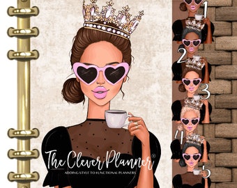 May include: A planner cover featuring a woman with a crown, heart-shaped sunglasses, and a cup of coffee. The text "The Clever Planner" is below the woman. The cover has five different variations of the woman with different hair colors and crown styles.