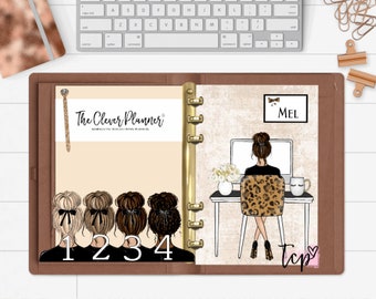May include: A brown leather planner with gold rings. The planner has a beige page with the text "The Clever Planner" and a page with a drawing of a woman sitting at a desk with a computer. The woman is wearing a black shirt and leopard print pants. The text "MEL" is on a white rectangle.
