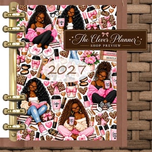 May include: A 2027 planner with a gold-tone metal ring binder featuring a repeating pattern of illustrations of people with dark curly hair, coffee cups, pink bows, leopard print boxes, and makeup items. A brown rectangular label reads The Clever Planner.