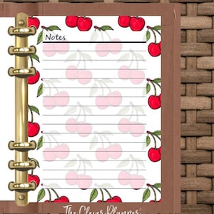 May include: A printable planner page with a cherry pattern. The page has a title that says "Notes" and is designed for use in a disc bound planner.