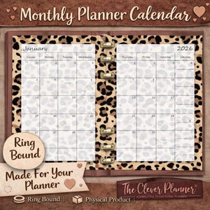 Monthly Calendar printed Separated Month by Month made for planner dividers in sizes PM MM or GM, Pocket, A5, personal, Leopard Print 2026