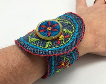 Denim Floral Embroidered Bracelet