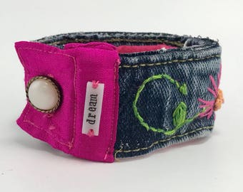 Embroidered Floral Denim Bracelet