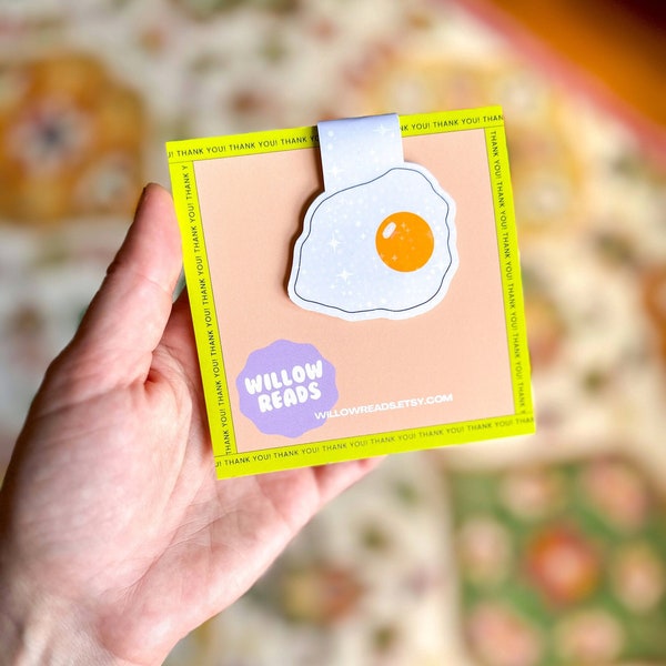Fried Egg Magnetic Bookmark with Holographic Laminate - Perfect for Book Lovers and Cookbooks!