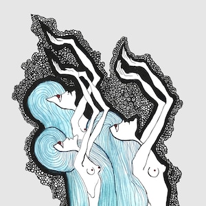 Kunstdruck Drei Frauen Akt Tusche Aquarell Illustration