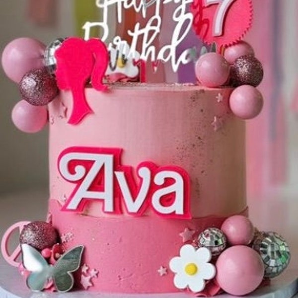 Pink Doll Barbie-Inspired Acrylic Cake Topper Set, Name, Silhouette & Number, Hot Pink, Birthday Cake Decor, Cake Charm and Acrylic Topper,