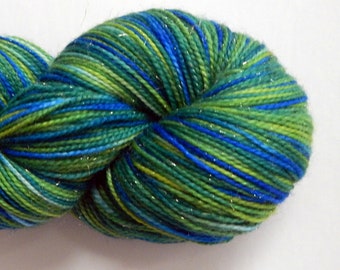 Hand dyed sparkle glitter green and blue 75/20/5 wool/nylon/stellina sock yarn