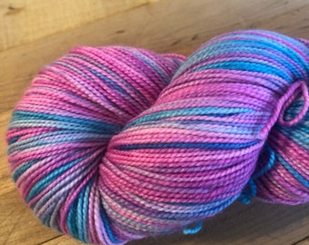 Hand dyed pink and turquoise variegated 80/20 merino superwash sock/nylon yarn