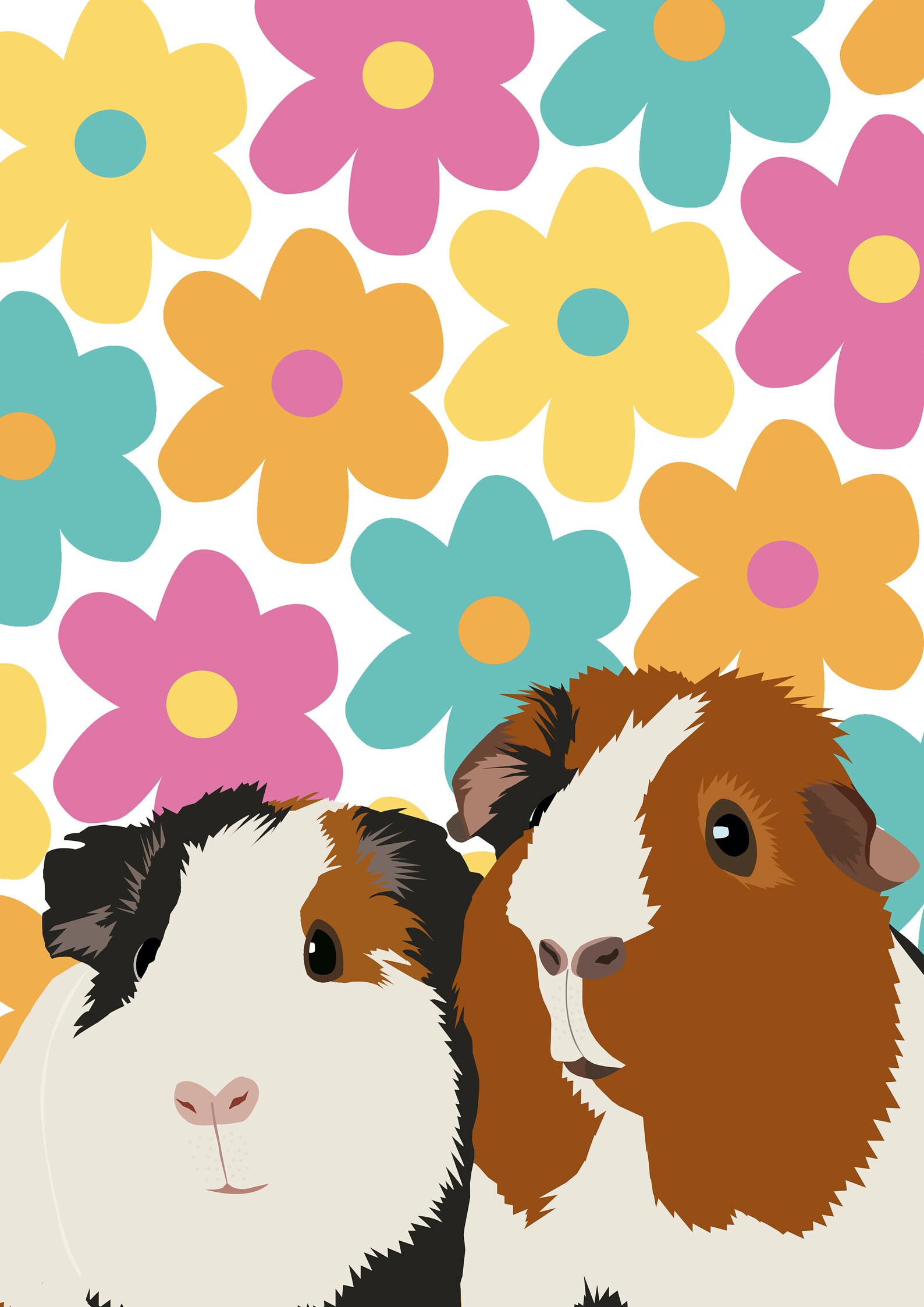 Guinea Pig Colourful Floral Print, A4A3A2, Cute Cavy Art Print, Guinea