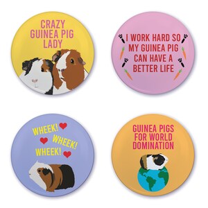 Set Of 4 Guinea Pig Pin Badges 25mm, Fun & Quirky Guinea Pig Badge Set, Guinea Pig Merchandise, Piggy Pins, Funny Guinea Pig Accessories