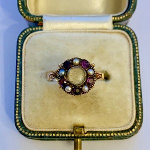 A Beautiful Georgian Amethyst Pearl & Hair Mourning Ring Circa 1800's