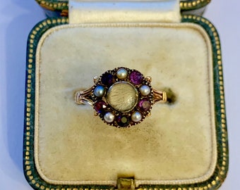 A Beautiful Georgian Amethyst Pearl & Hair Mourning Ring Circa 1800&#39;s