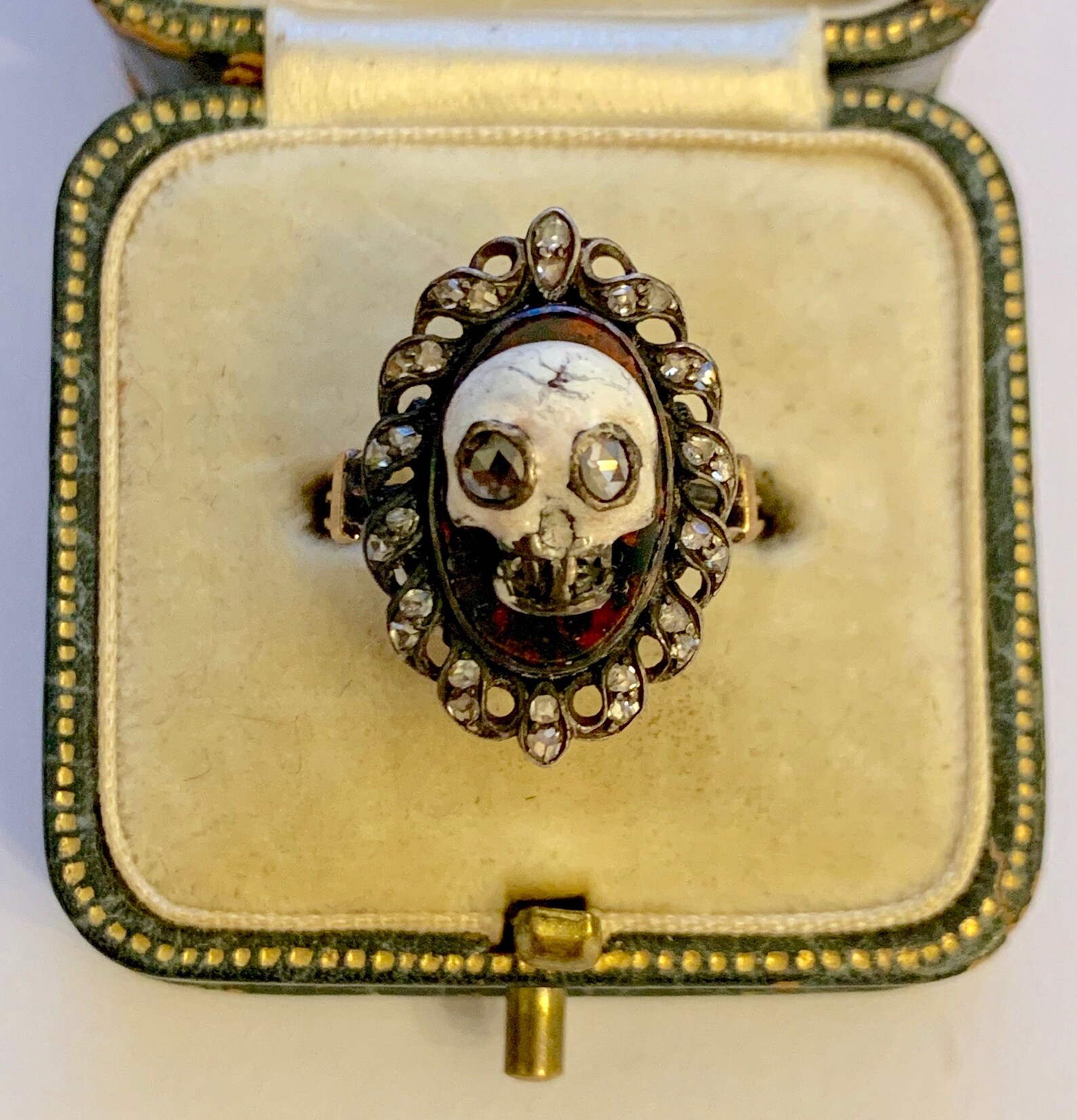 A Stunning Memento Mori Rose Cut Diamond & Enamel Skull Ring Etsy